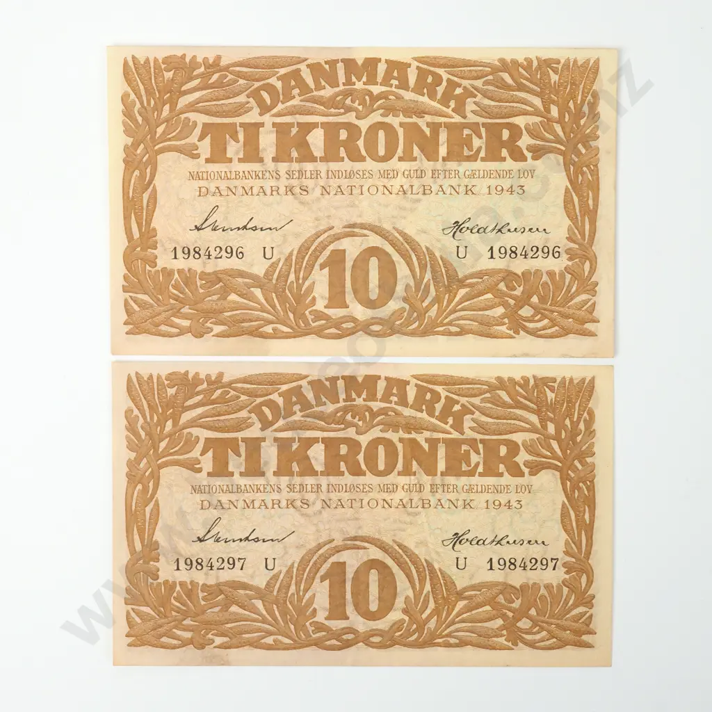 DENMARK 10 kroner consecutively numbered pair, 1943, A.UNC Image 1++