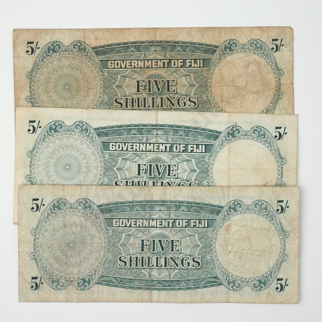 FIJI Three 5 shillings, two 1957 & one 1964, VG-FINE Image 1++