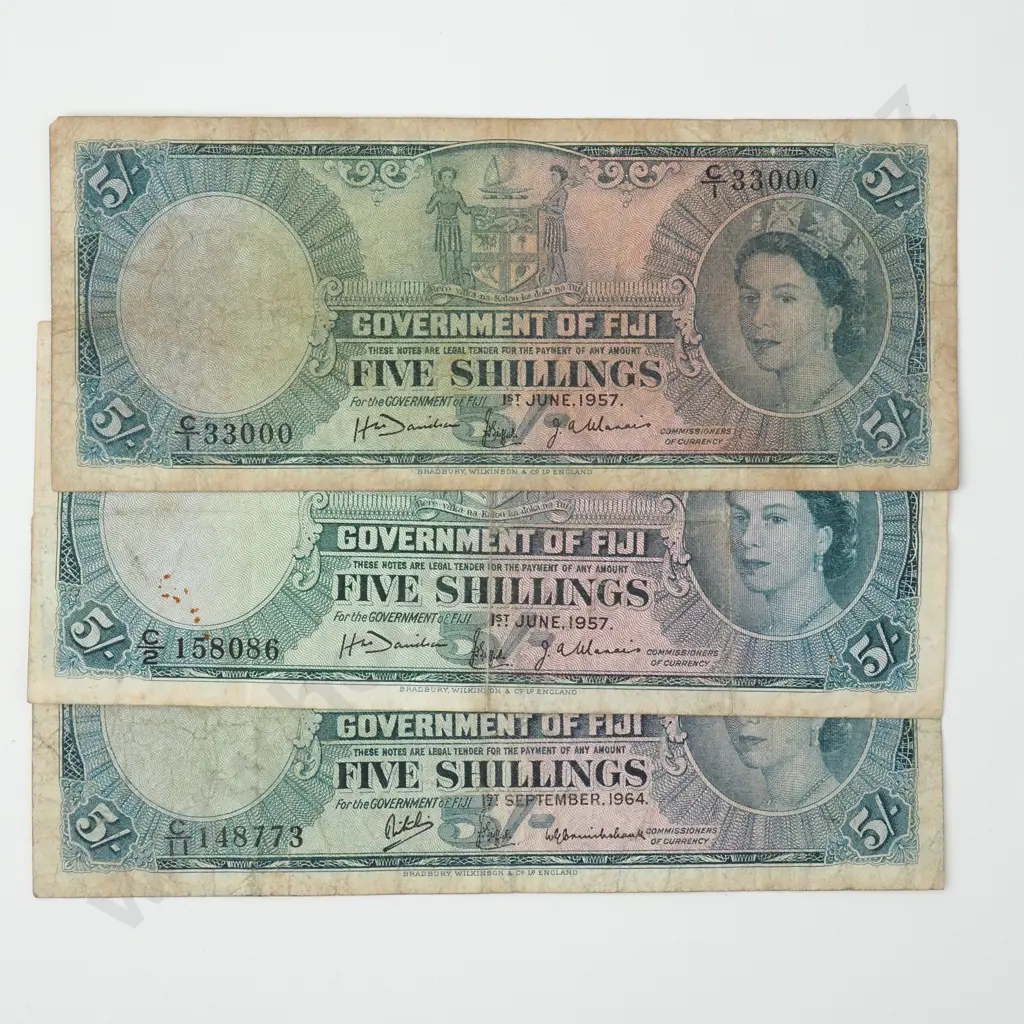 FIJI Three 5 shillings, two 1957 & one 1964, VG-FINE Image 1++