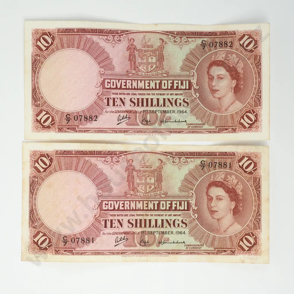 FIJI 10 shillings consecutively numbered pair, 1964, VF Image 1++
