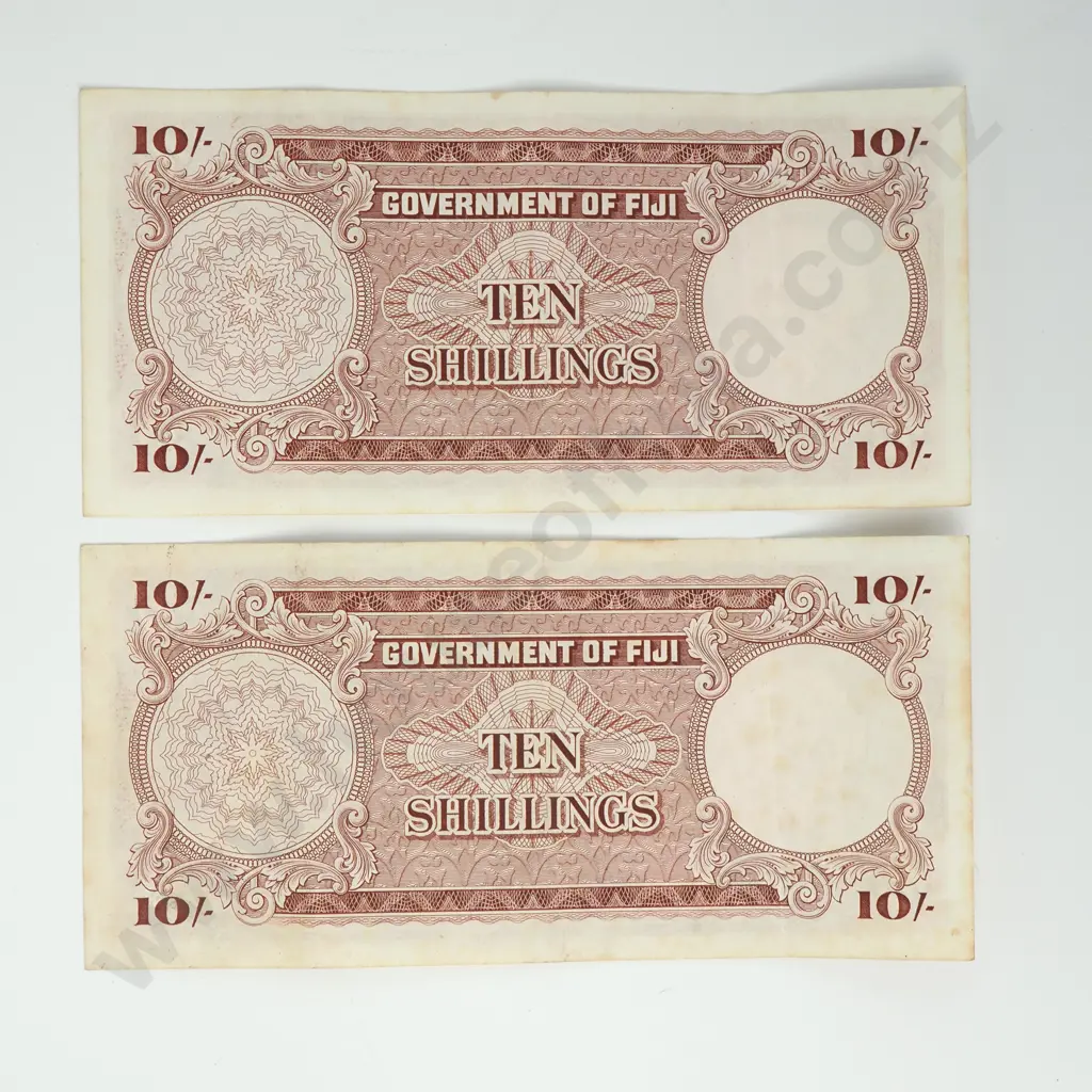 FIJI 10 shillings consecutively numbered pair, 1964, VF Image 1++