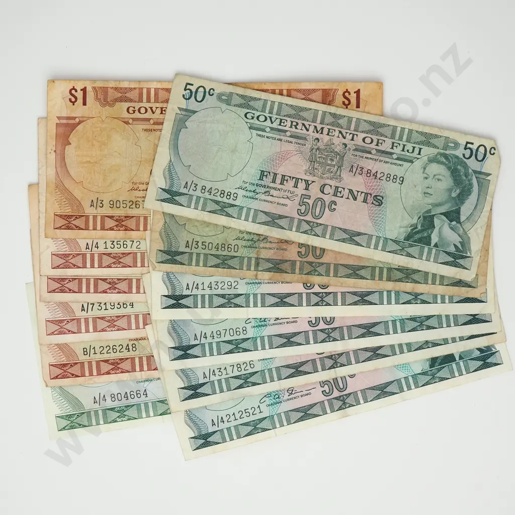 FIJI Twelve notes, 1971-1974: six 50 cents, five $1, one $2, VG-VF Image 1++