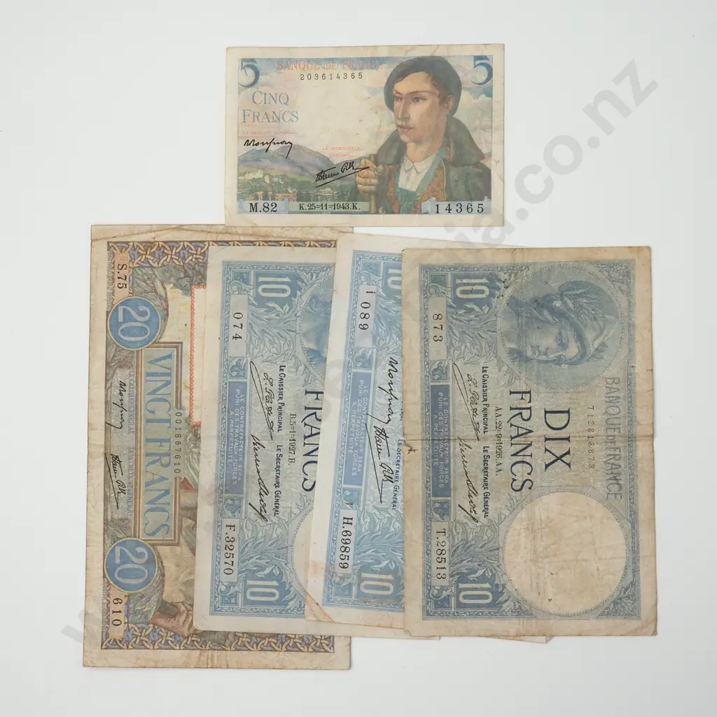 FRANCE Five notes, 5 francs 1943, 10 francs 1926/1927/1939, 20 francs 1939, VG-FINE Image 1++