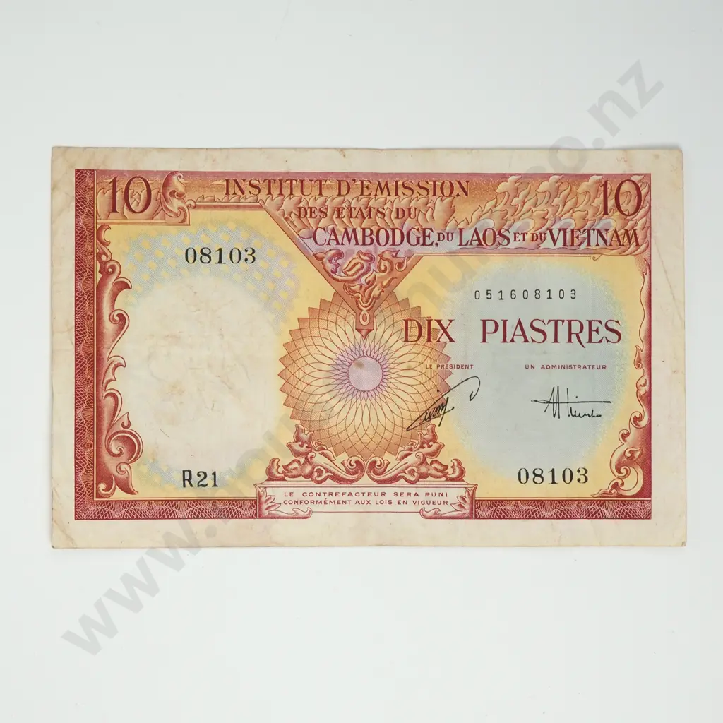 FRENCH INDO-CHINA 10 piastres, 1953, VF Image 1++