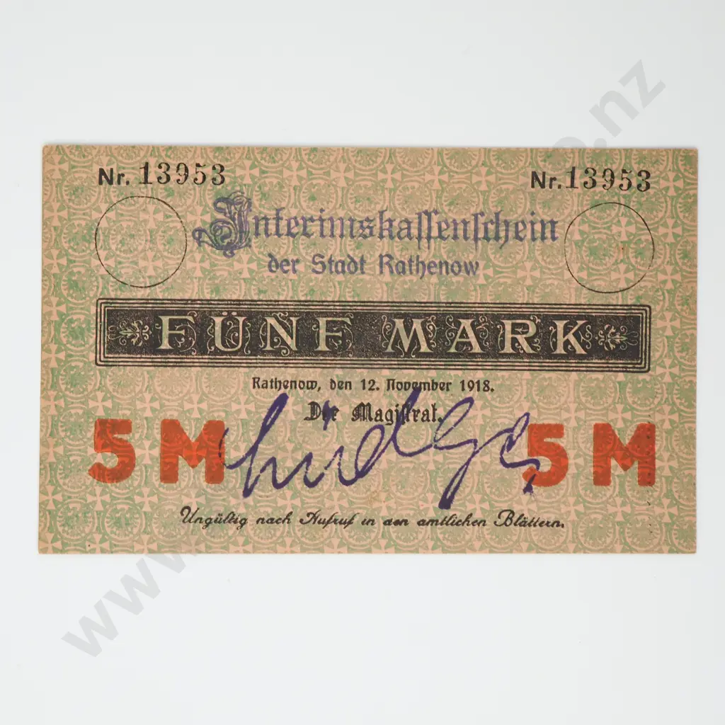 1918 German Five Mark Banknote Image 1++