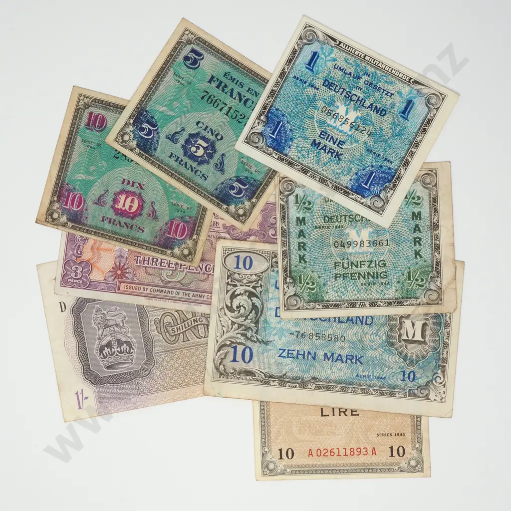 WORLD WWII military currency, eight notes: Italy x1, UK x2, France x2, Germany x3, FINE-VF Image 1++
