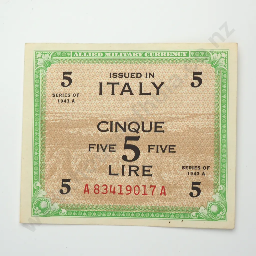 ITALY 5 lira military currency, 1943 "A", UNC Image 1++