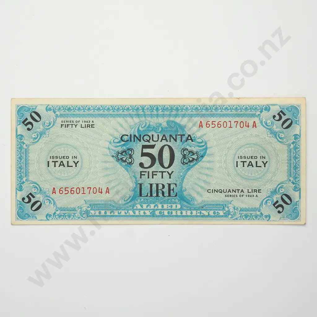 ITALY 50 lira military currency, 1943 "A", EF Image 1++