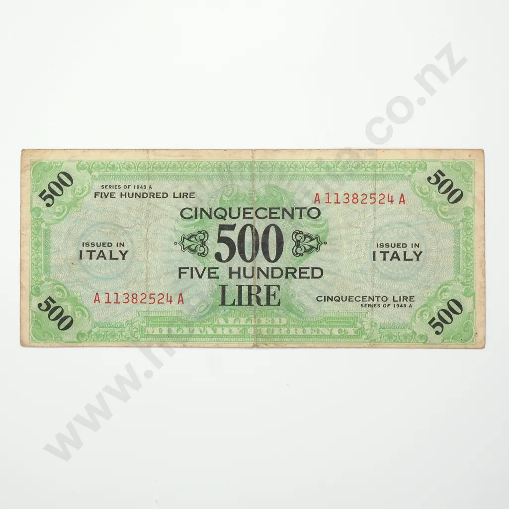ITALY 500 lira military currency, 1943 "A", VG Image 1++