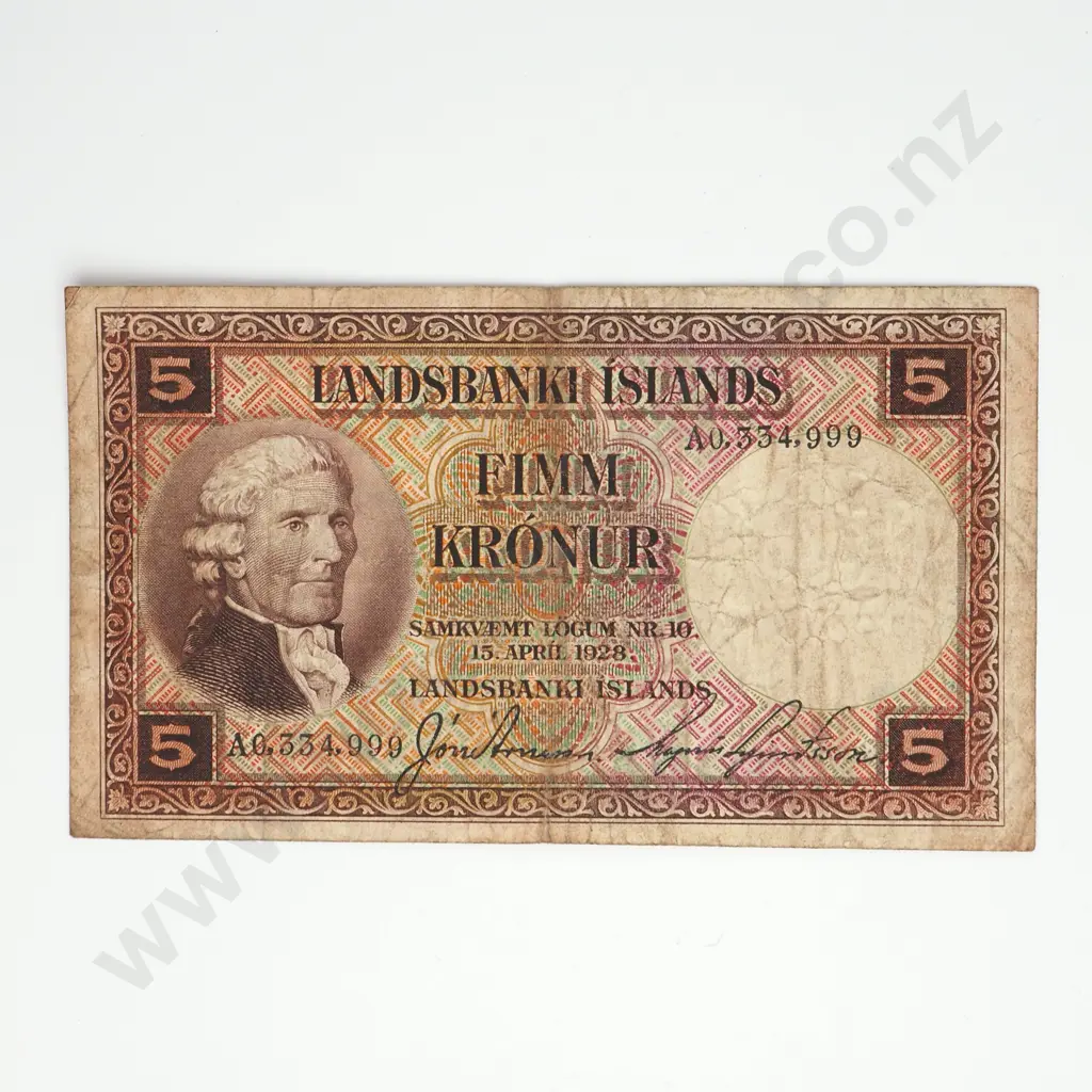 ICELAND 5 kronur, 1928, VG Image 1++