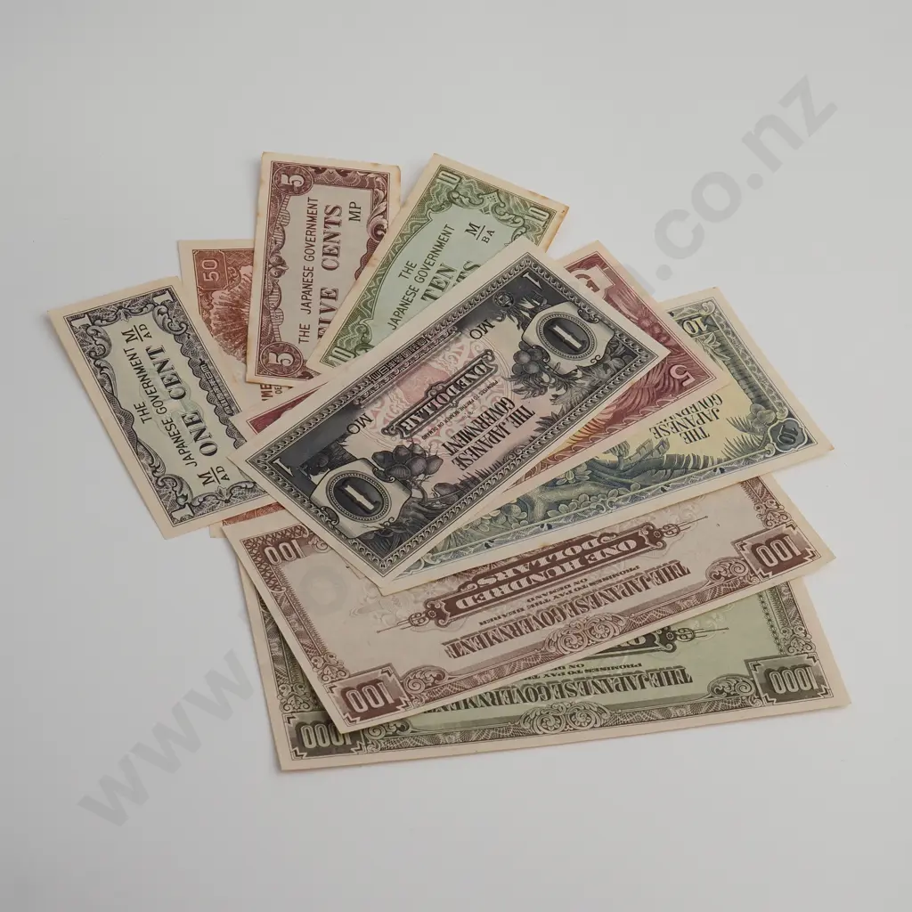 MALAYA Japanese Government Occupation currency 1 cent to $1000 ( 9 notes ), ( 1945 ), mostly UNC ( some with foxing ) Image 1++