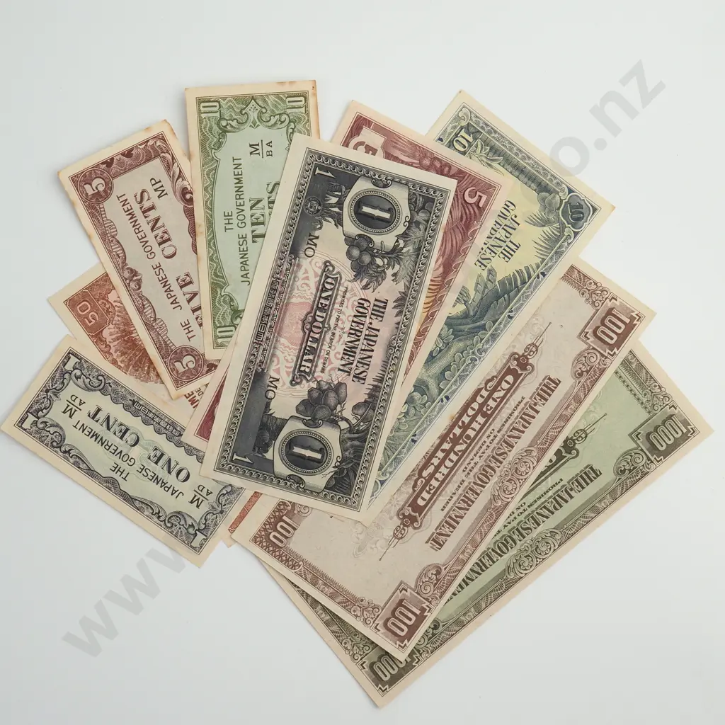 MALAYA Japanese Government Occupation currency 1 cent to $1000 ( 9 notes ), ( 1945 ), mostly UNC ( some with foxing ) Image 1++