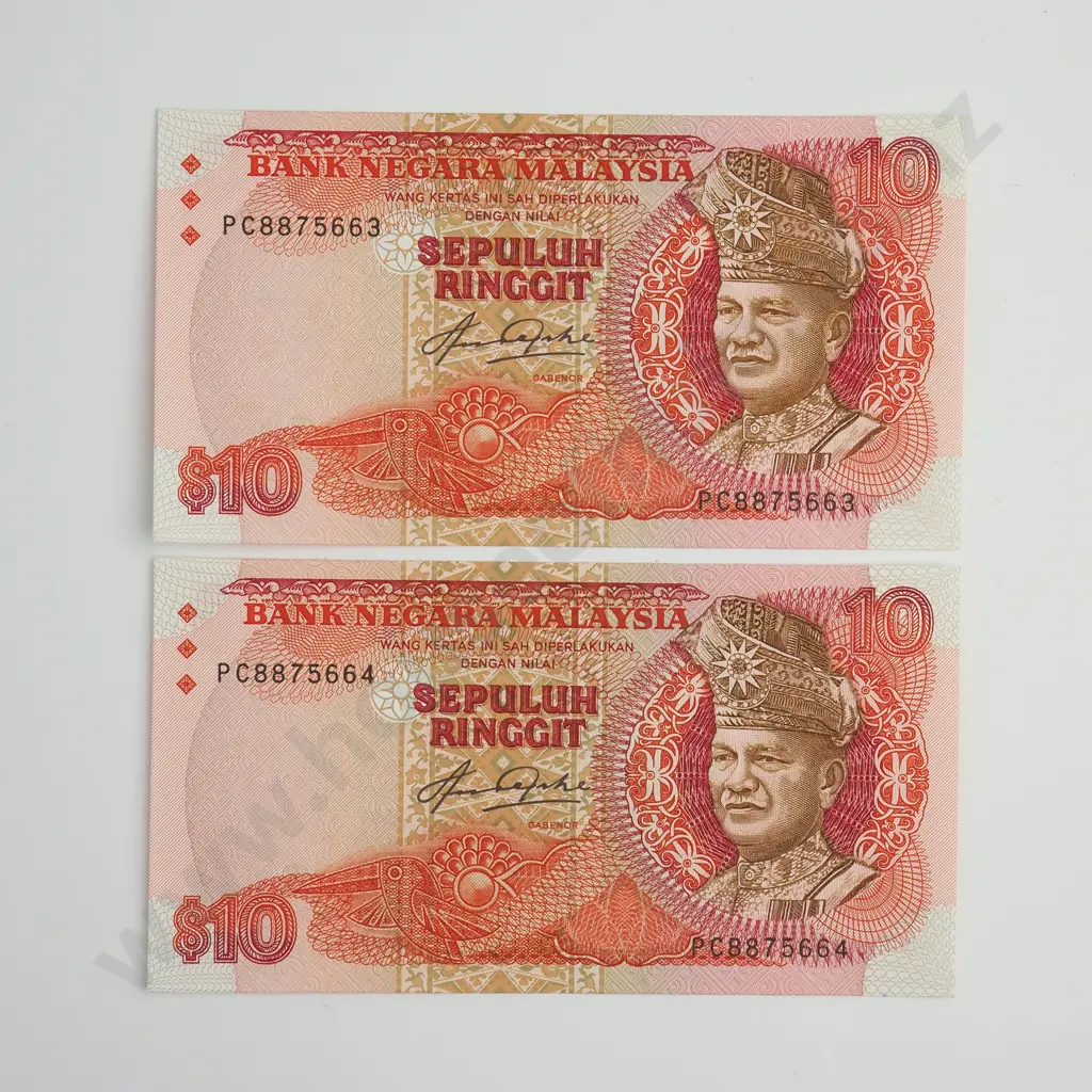 MALAYSIA Consecutively numbered pair of 10 ringgit, 1983-1984, UNC Image 1++