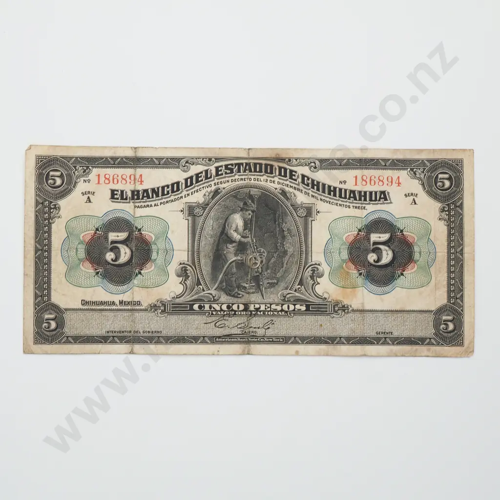 MEXICO Chihuahua 5 pesos, 1913, VG Image 1++