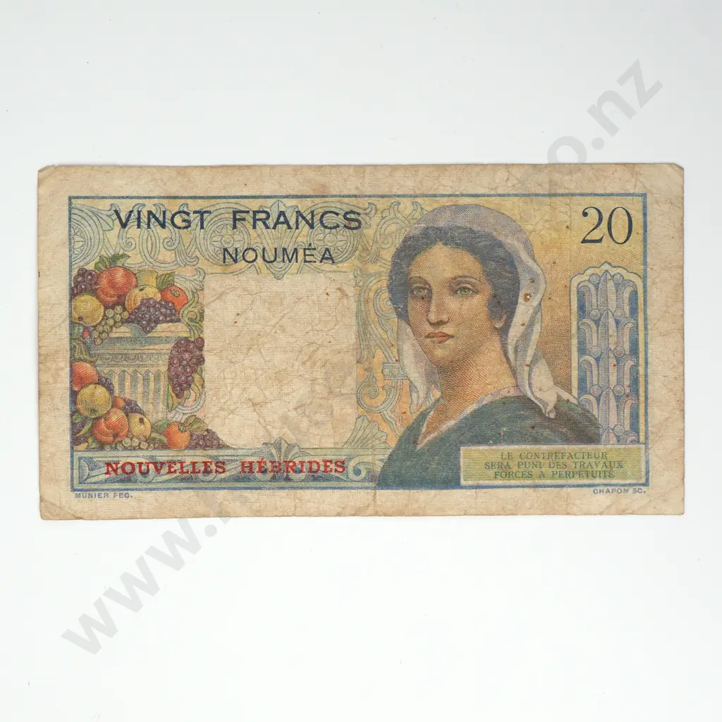 NEW HEBRIDES 20 francs, overprinted on New Caledonia Image 1++