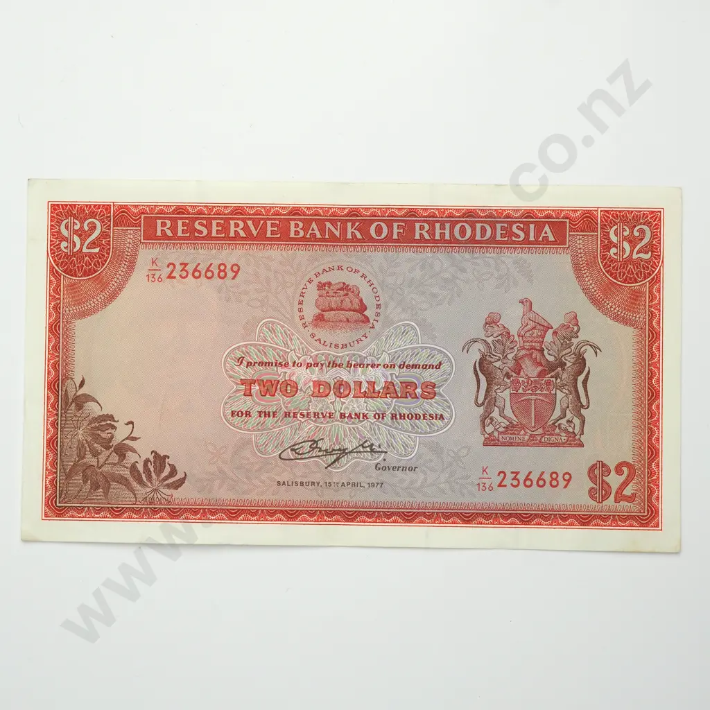 RHODESIA 2 dollars, 1977, EF Image 1++