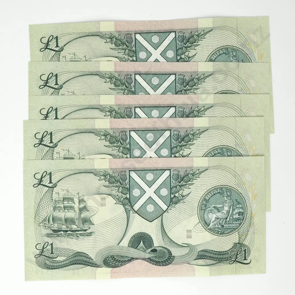 SCOTLAND Bank of Scotland consecutively numbered 5x 1 pound, 1974, Better Grade Image 1++