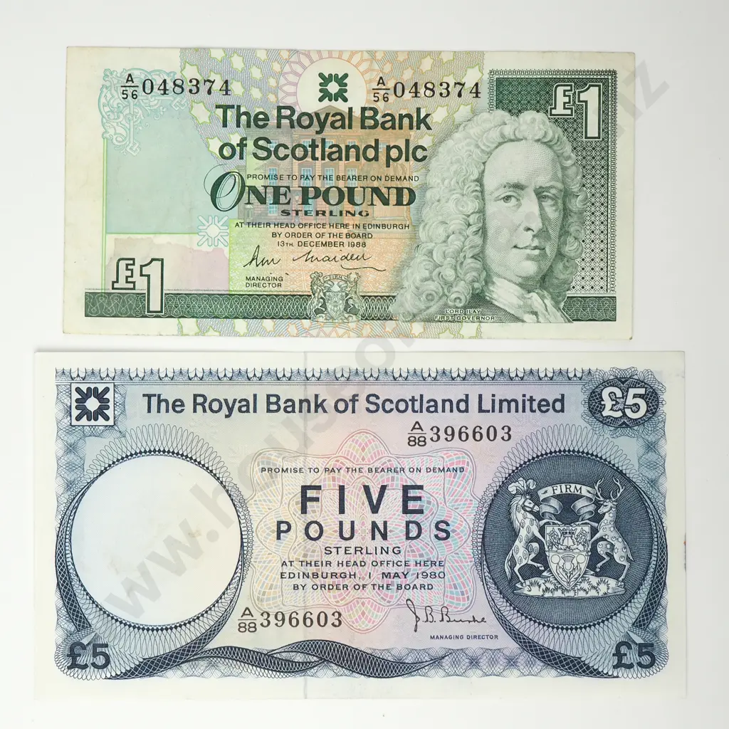 SCOTLAND Royal Bank of Scotland pair notes, 1 pound & 5 pounds Image 1++