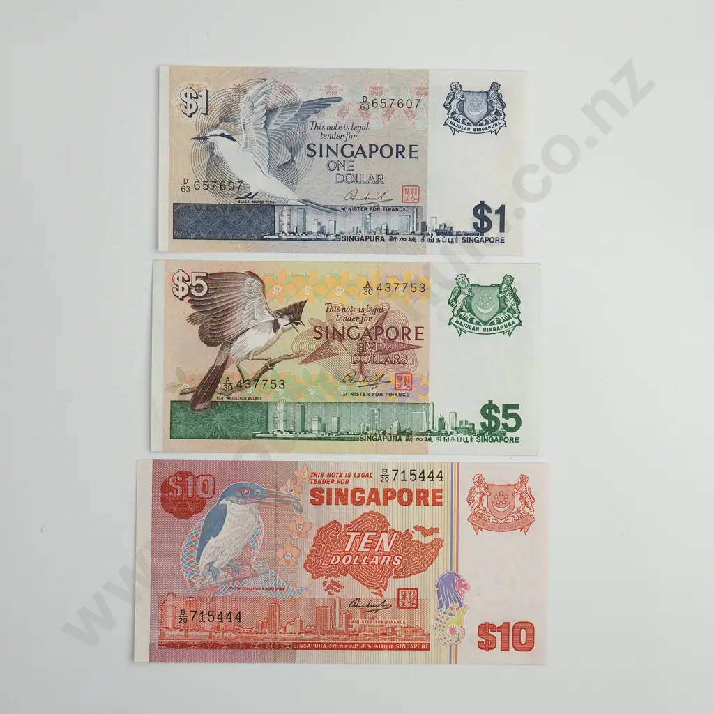 SINGAPORE 1, 5 and 10 dollars, 1976, A.UNC Image 1++