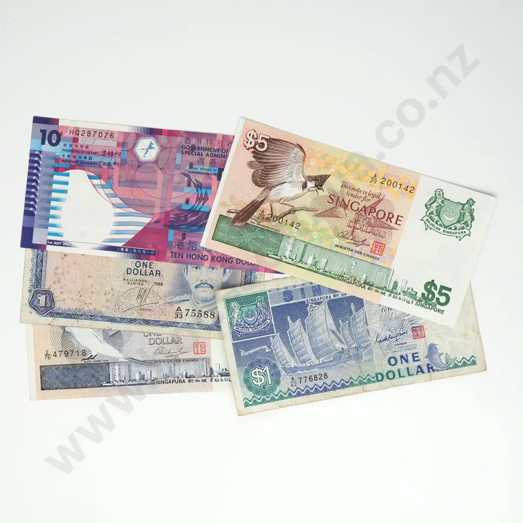 ASIA Assorted notes, incl AUNC 5 dollar Singapore note Image 1++