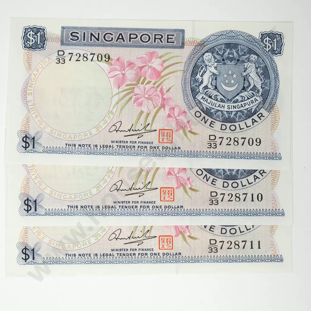 SINGAPORE consecutively numbered 3x 1 dollar, AUNC Image 1++