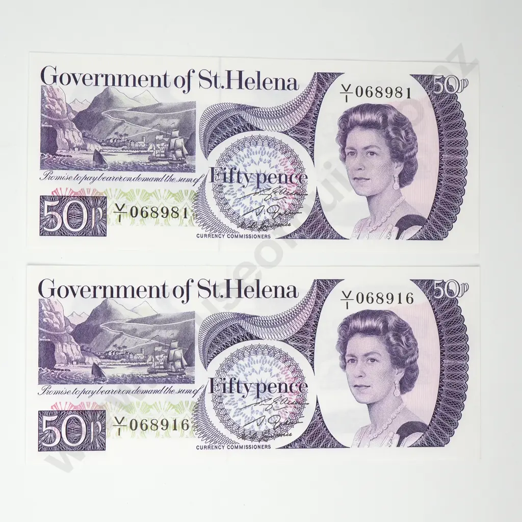 ST HELENA almost consecutively numbered 2x 50 pence, AUNC Image 1++
