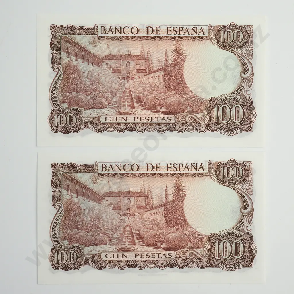SPAIN Consecutively numbered pair 100 pesetas, 1970, UNC Image 1++