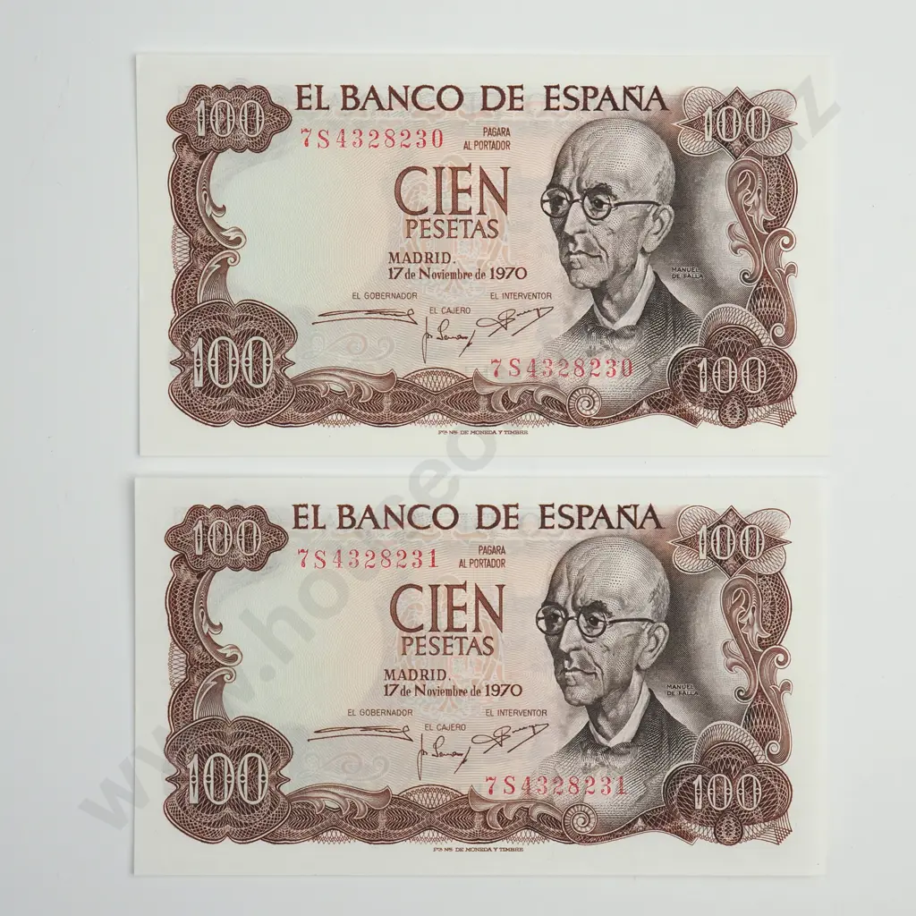 SPAIN Consecutively numbered pair 100 pesetas, 1970, UNC Image 1++