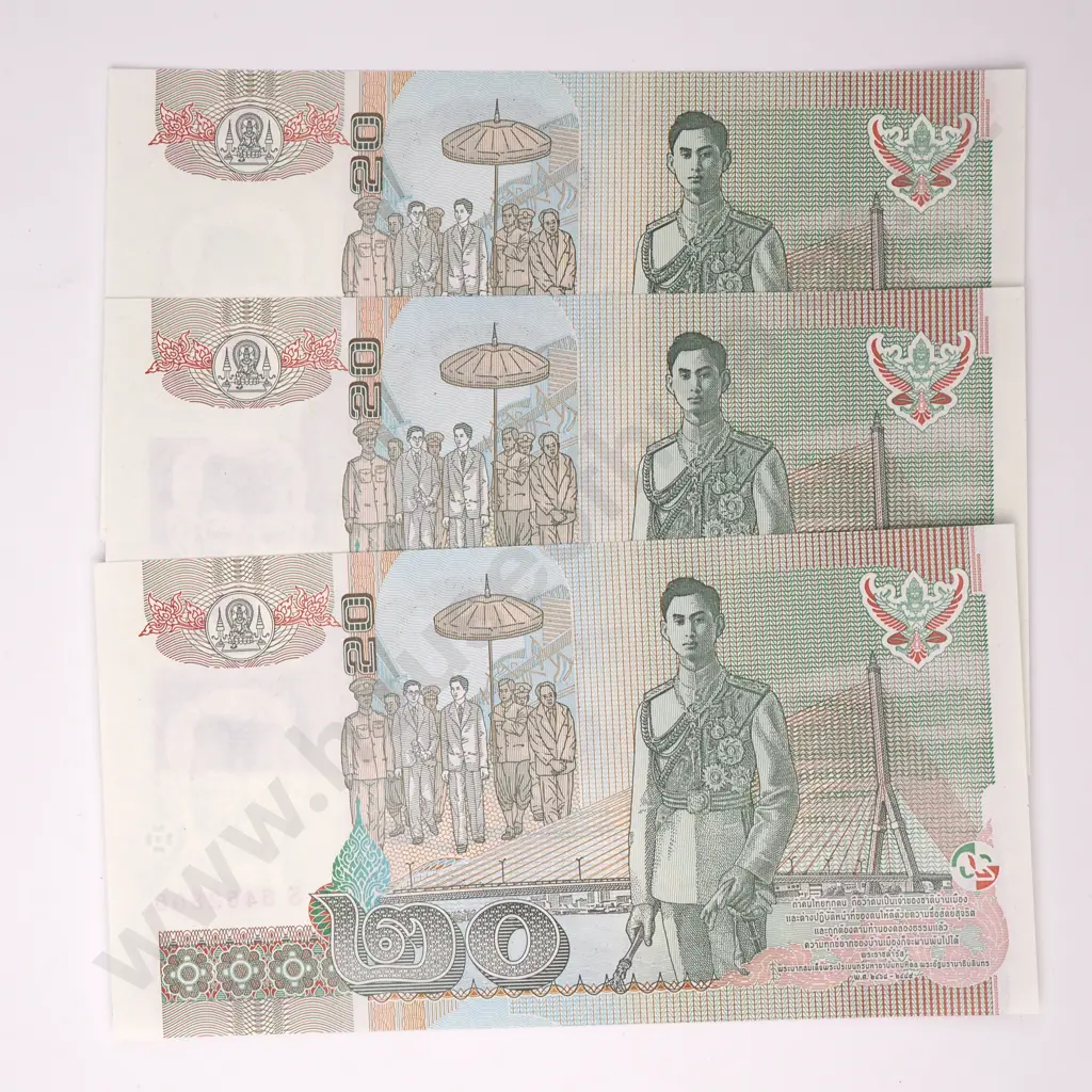 THAILAND Three consecutively numbered 20 baht, 2003, UNC Image 1++