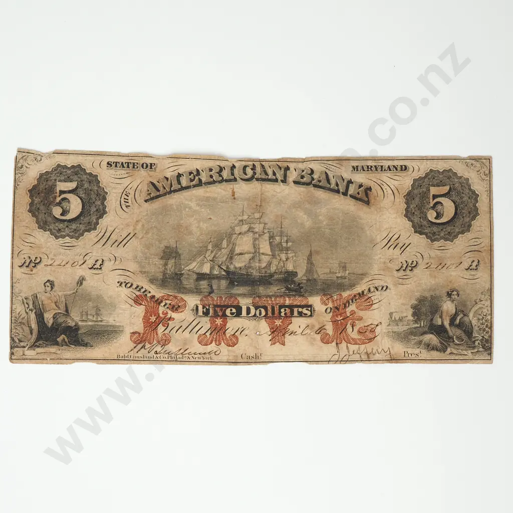 UNITED STATES American Bank State of Maryland 5 dollars, 1858, VG Image 1++