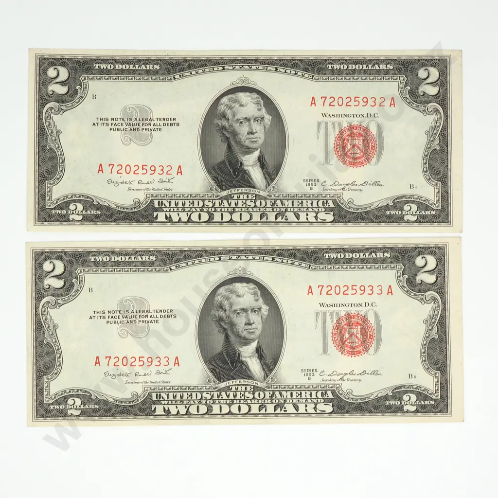 UNITED STATES Consecutively numbered pair 2 dollars, 1953 B, EF Image 1++