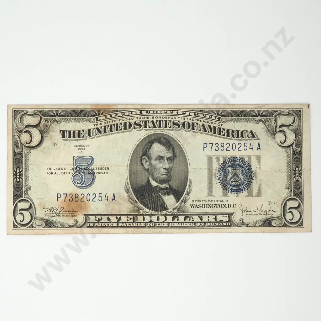 UNITED STATES 5 dollars silver certificate, 1934 C, F ( stains ) Image 1++