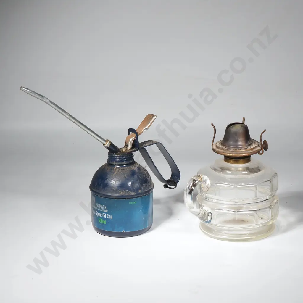 Promark 500 ml Rigid Spout Oil Can & a Pressed Glass Finger Oil Lamp w Brass Burner Image 1++