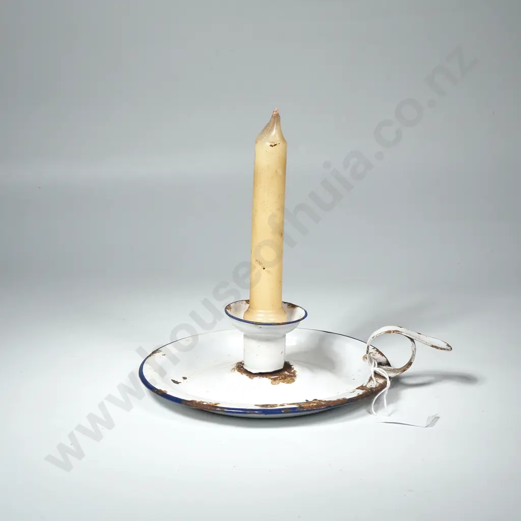 Wee Willie Winkie  White Enamel Candlestick with Blue Trim. Some Enamel Missing   Image 1++