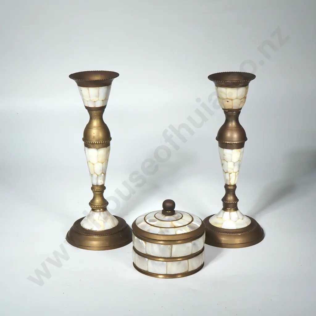 Vintage Mother of Pearl & Brass Candle Holders & Jar Image 1++