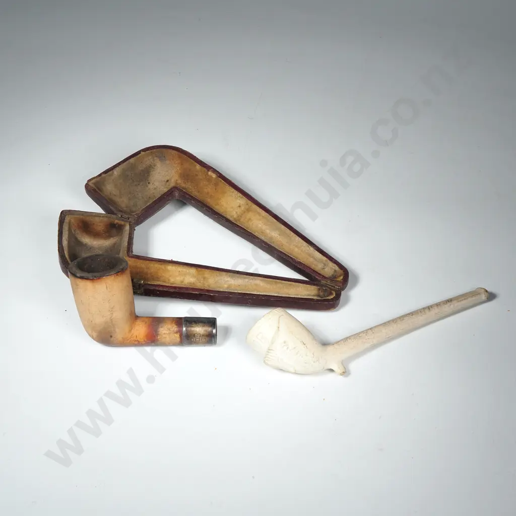 Meerschaum Pipe In Original Leather Case & Another Marked Scotland RA OB Image 1++