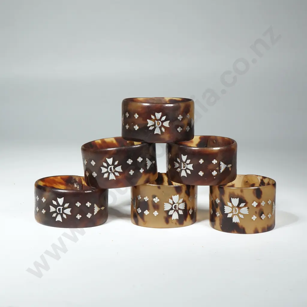 Six Faux Tortoise Shell Napkin Rings w White Metal Inlay Image 1++