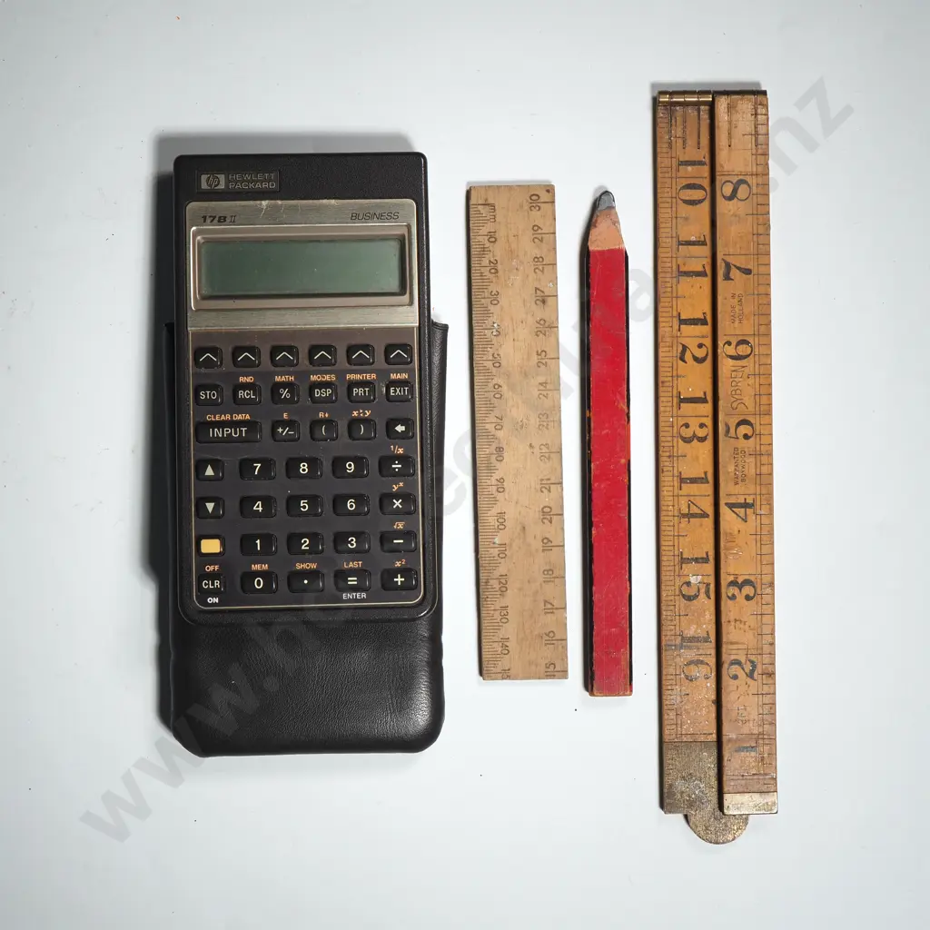 Hewkett -Packard 17B11 Business Financial Calculator w Protective Cover, a Boxwood & Brass Folding Ruler (A/F) & Pencil Image 1++