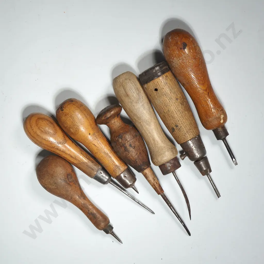 Eight Vintage Wooden Handled Awls & Screwdrivers Image 1++