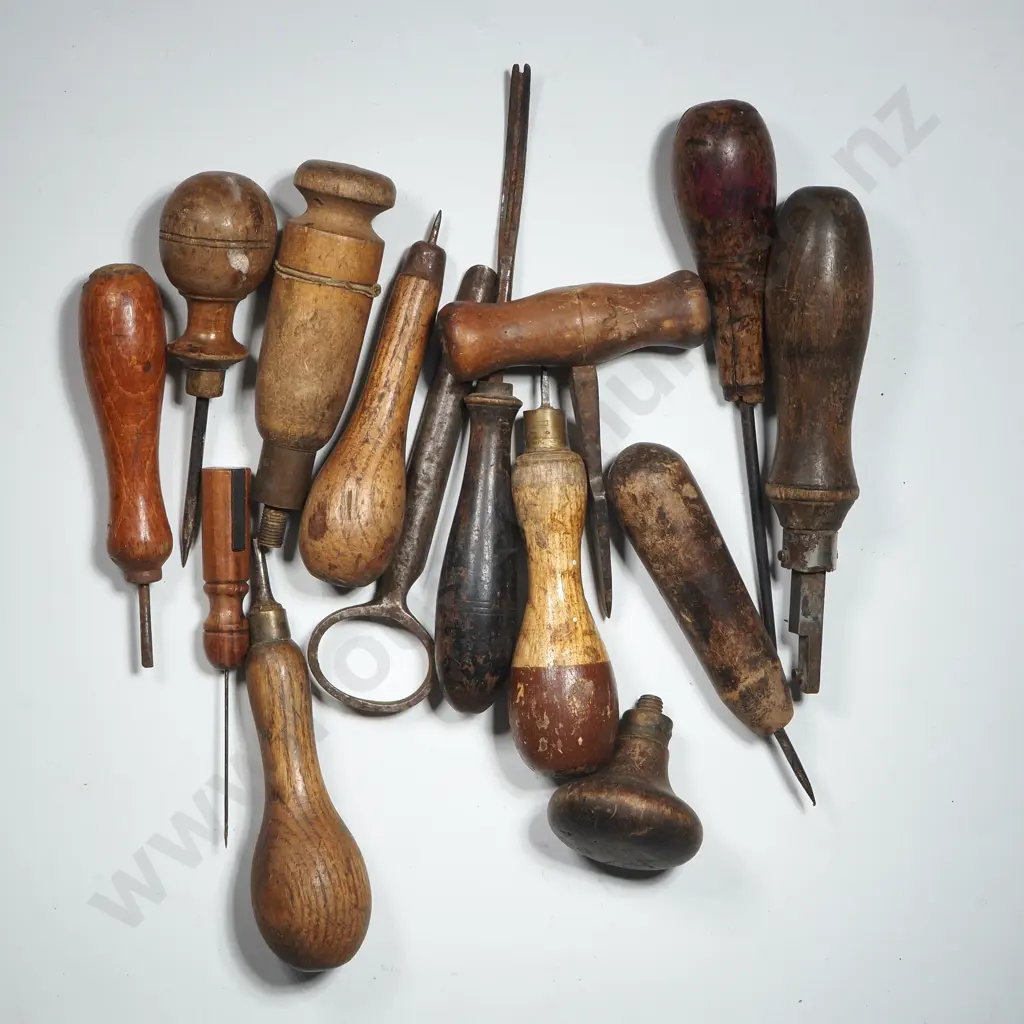Fifteen Wooden Handled Awls,  Screwdrivers & Tool Pads for Holding Various Attachments & Vintage Paint Opener Can Image 1++