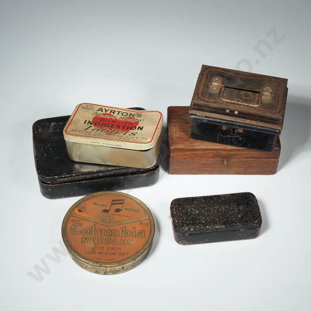 A Collection of small Tins and boxes - Money Box - Gramophone Needle Tin and Vintage Wooden Box Image 1++
