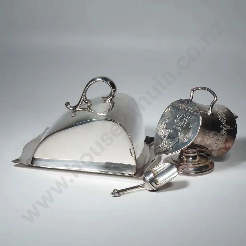 Unusual Silver Plate Cheese Dish & Sugar Scuttle w Scoop Image 1++