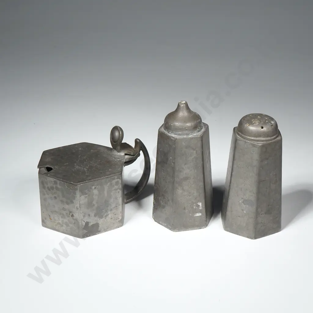 Vintage Beaten Pewter Octagonal Condiment Set Comprising Salt, Pepper & Mustard by Don Pewter Image 1++