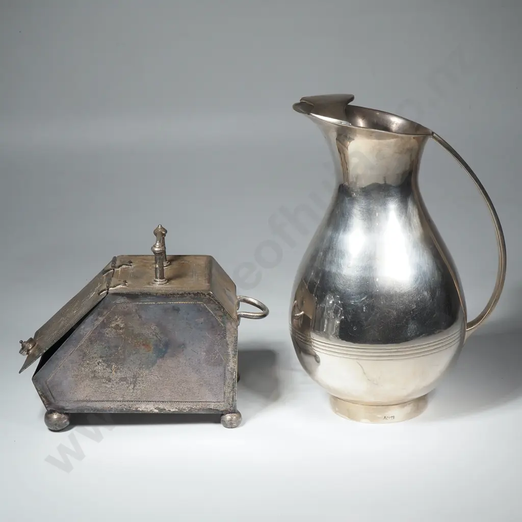 Heavy Silver Plated  Pitcher  & a Novelty Silver Plated Sugar Scuttle in the Form of a Coal Scuttle Image 1++