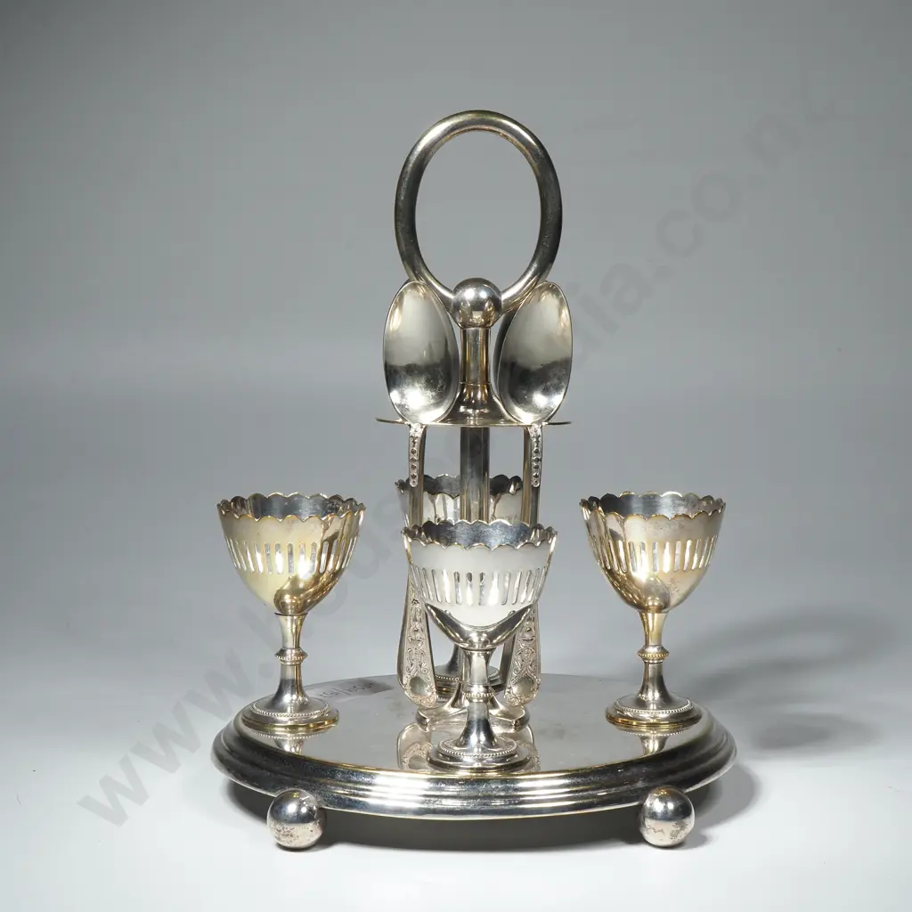 Antique Silver Plate Egg Cruet Complete w Spoons Image 1++