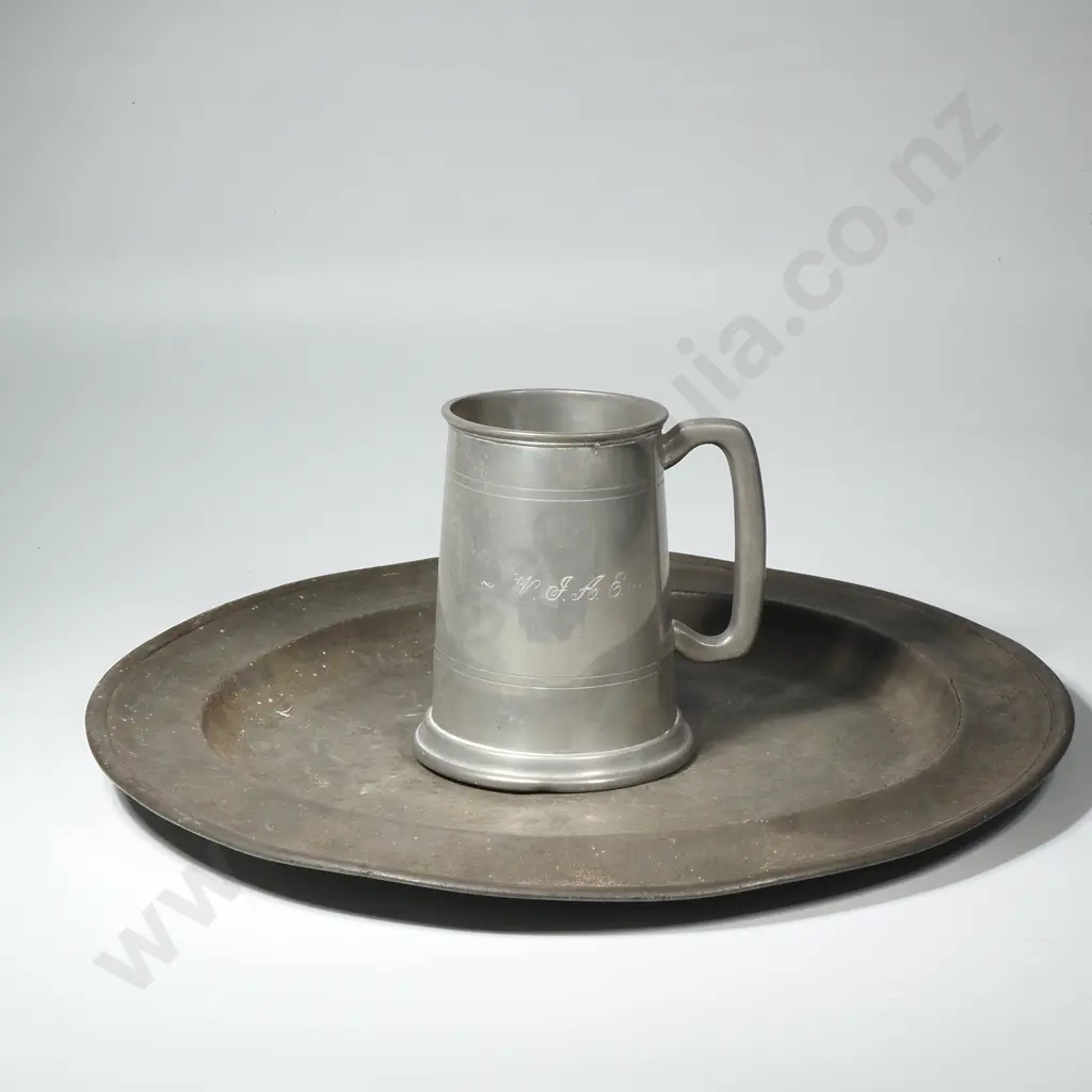 Antique Pewter Charge w Makers Marks, Including the Tudor Rose & Angel & a Pewter Mug Image 1++