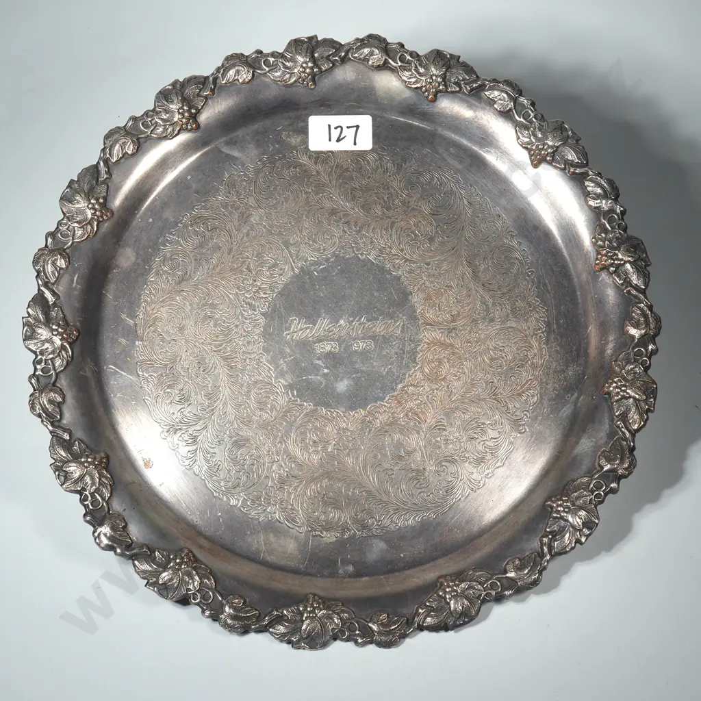 Silver Plated Tray w Engraved Decoration & Embossed Rim Inscribed ' Hallensteins 1873 -1973 Image 1++