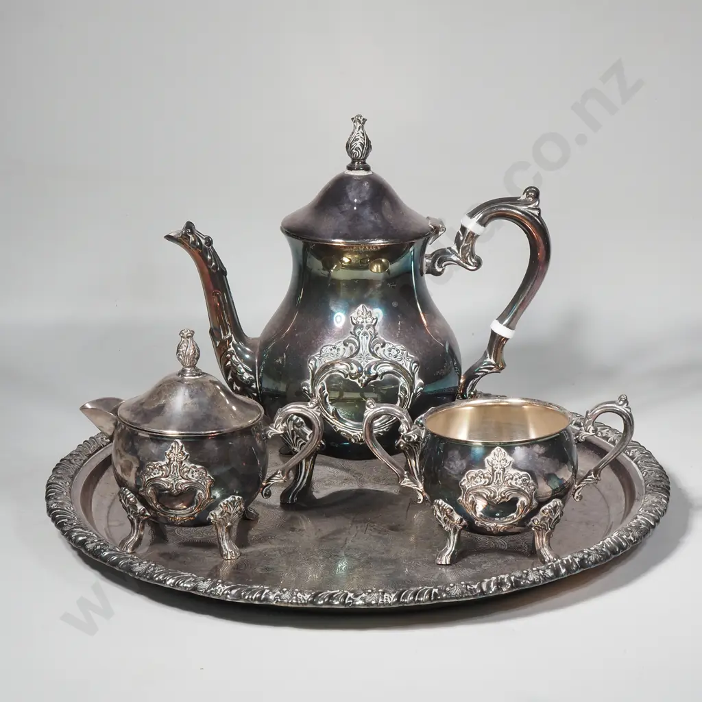 S/Plate Salver, Teapot, Creamer & Sugar Bowl Image 1++