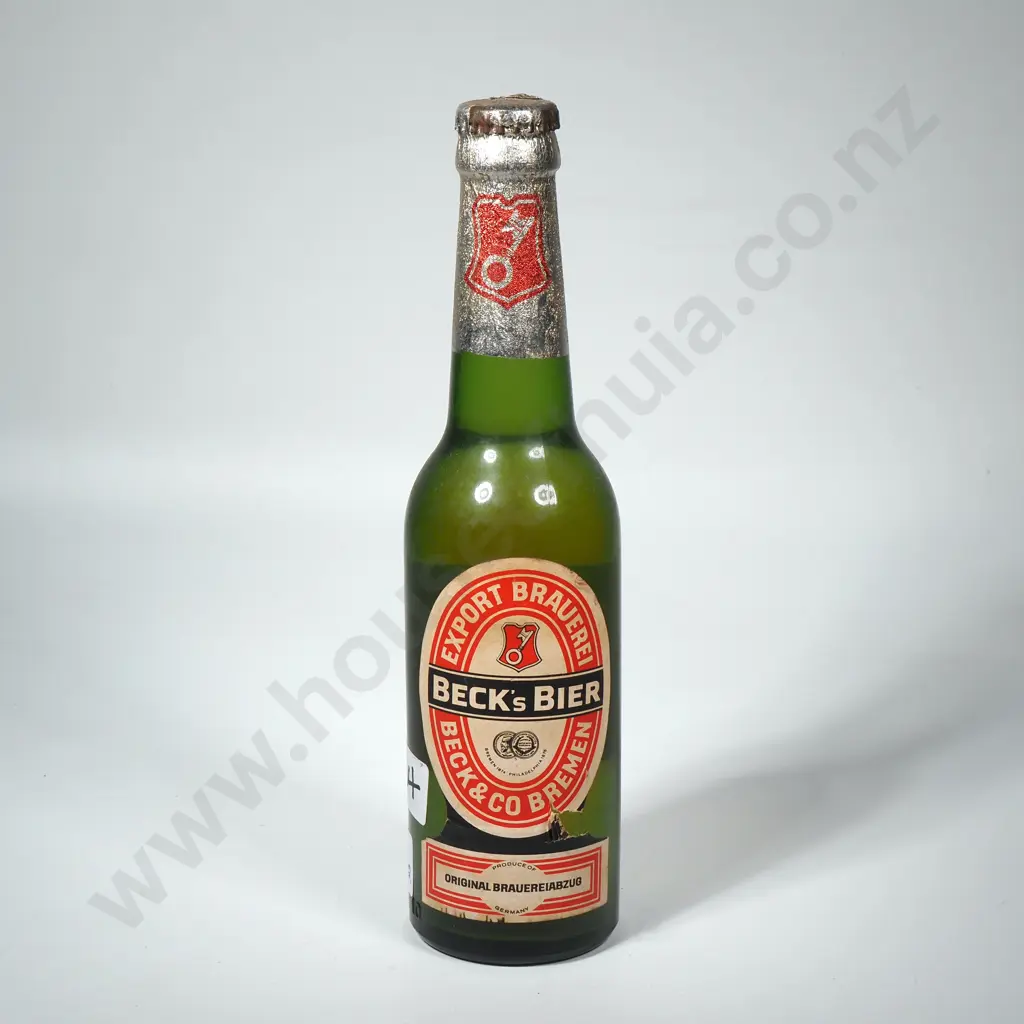 Vintage Full Bottle of Becks Beer w Silver Foil Neck, Brewed in Bremen, Germany Image 1++