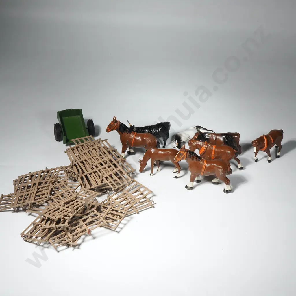 Large Quantity of Britains Farm Fencing (Approx 35),Five  Horses & Two Cows , A Bull & a Crescent Green Trailor Image 1++